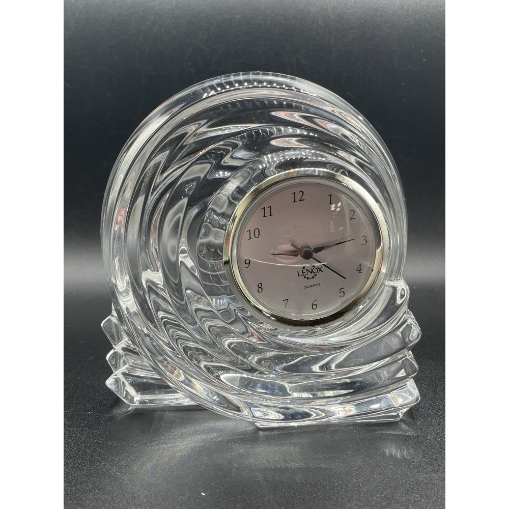Lenox Crystal Swirl Desk Clock Quartz Heavy Glass 6.5" Table Clock